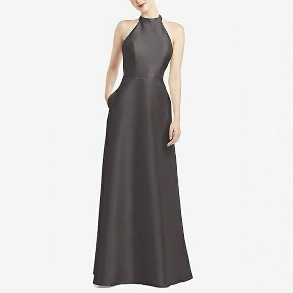NWT Alfred‎ Sung Caviar Gray High Neck Cut Out Satin Dress Size 2 - Picture 2 of 9